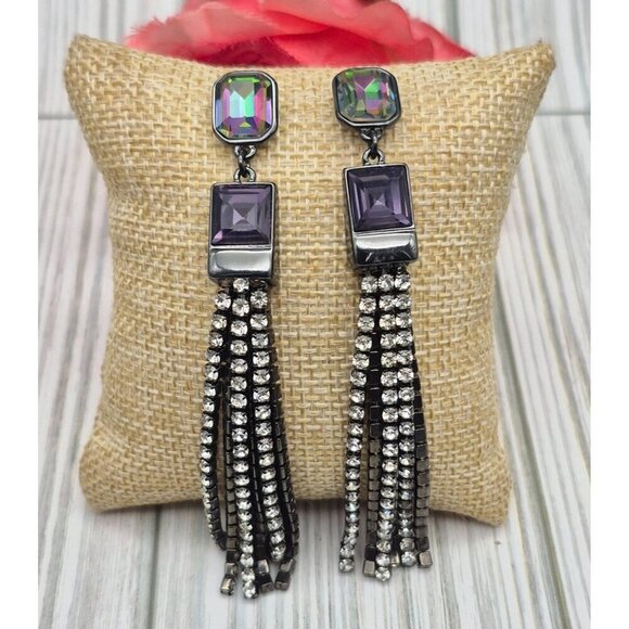 DKNY Gun Metal Crystal Chain Tassel Dangle Earrings Purple Iridescent 3.5" Prom - Picture 1 of 7